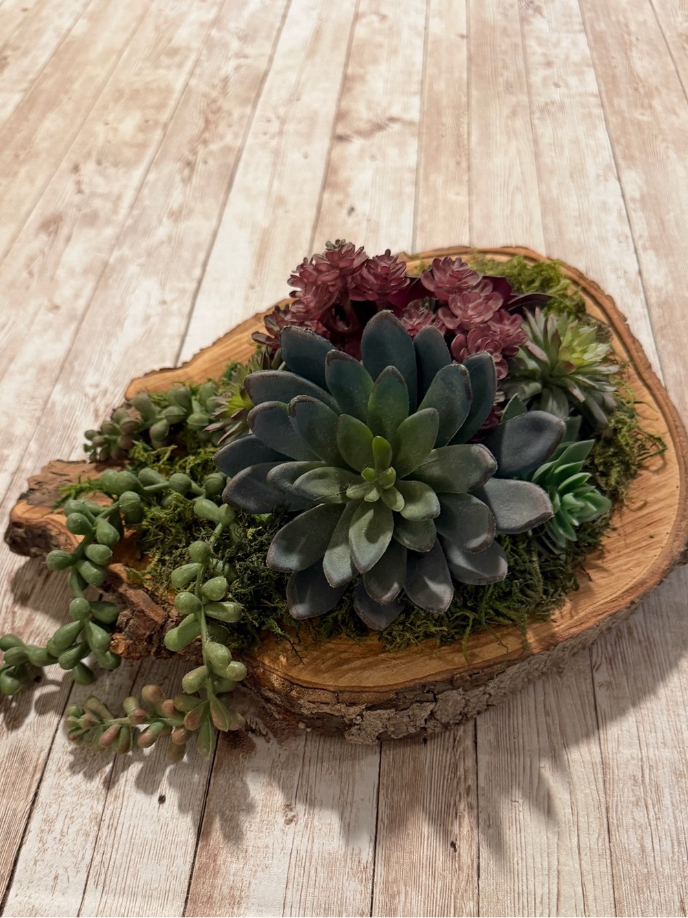 Faux Succulent Centerpiece in Green and Burgundy